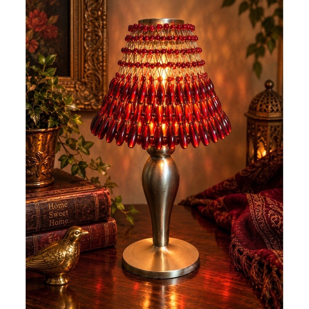 Vintage Red Beaded Fairy Lamp Candle Holder Metal Table Shade Boho Decor 10.5in